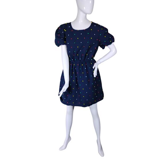 Crown & Ivy Dress Large Dark Blue with Colorful Fuzzy Pom Pom Texture Pullover - Picture 2 of 9